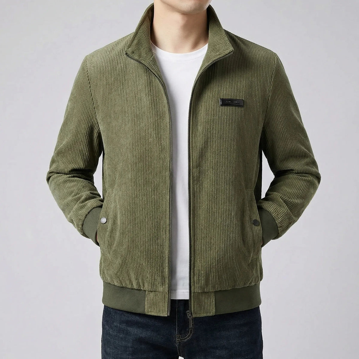 Men's Corduroy Jacket with Zipper and Stand-Up Collar