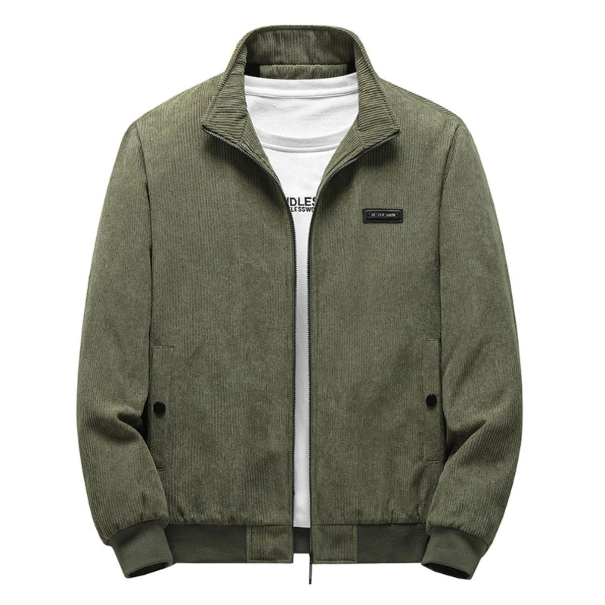 Men's Corduroy Jacket with Zipper and Stand-Up Collar