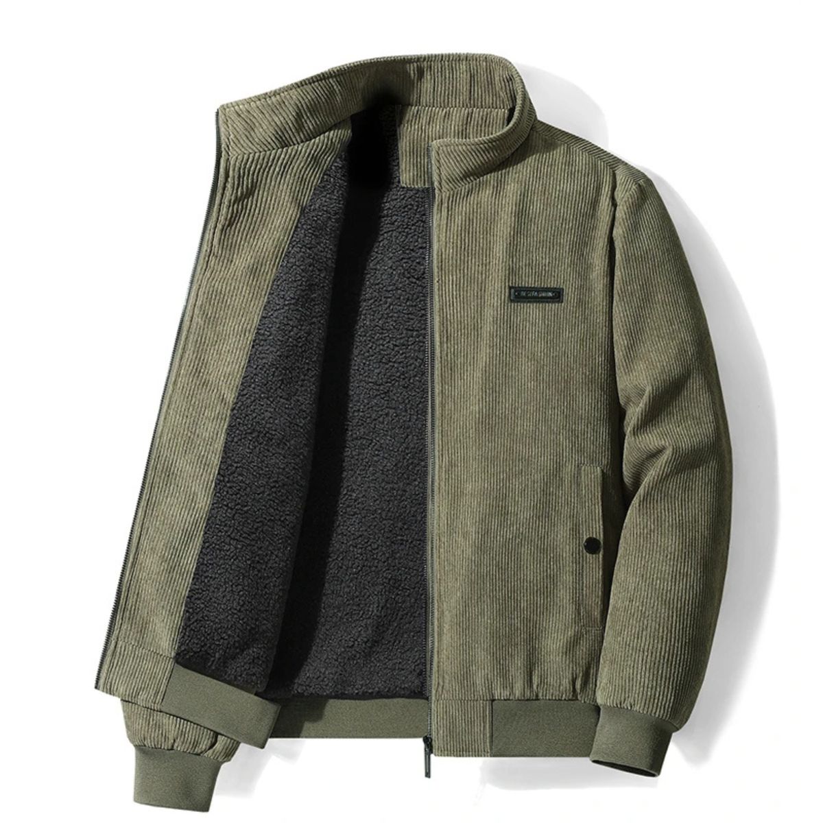 Men's Corduroy Jacket with Zipper and Stand-Up Collar