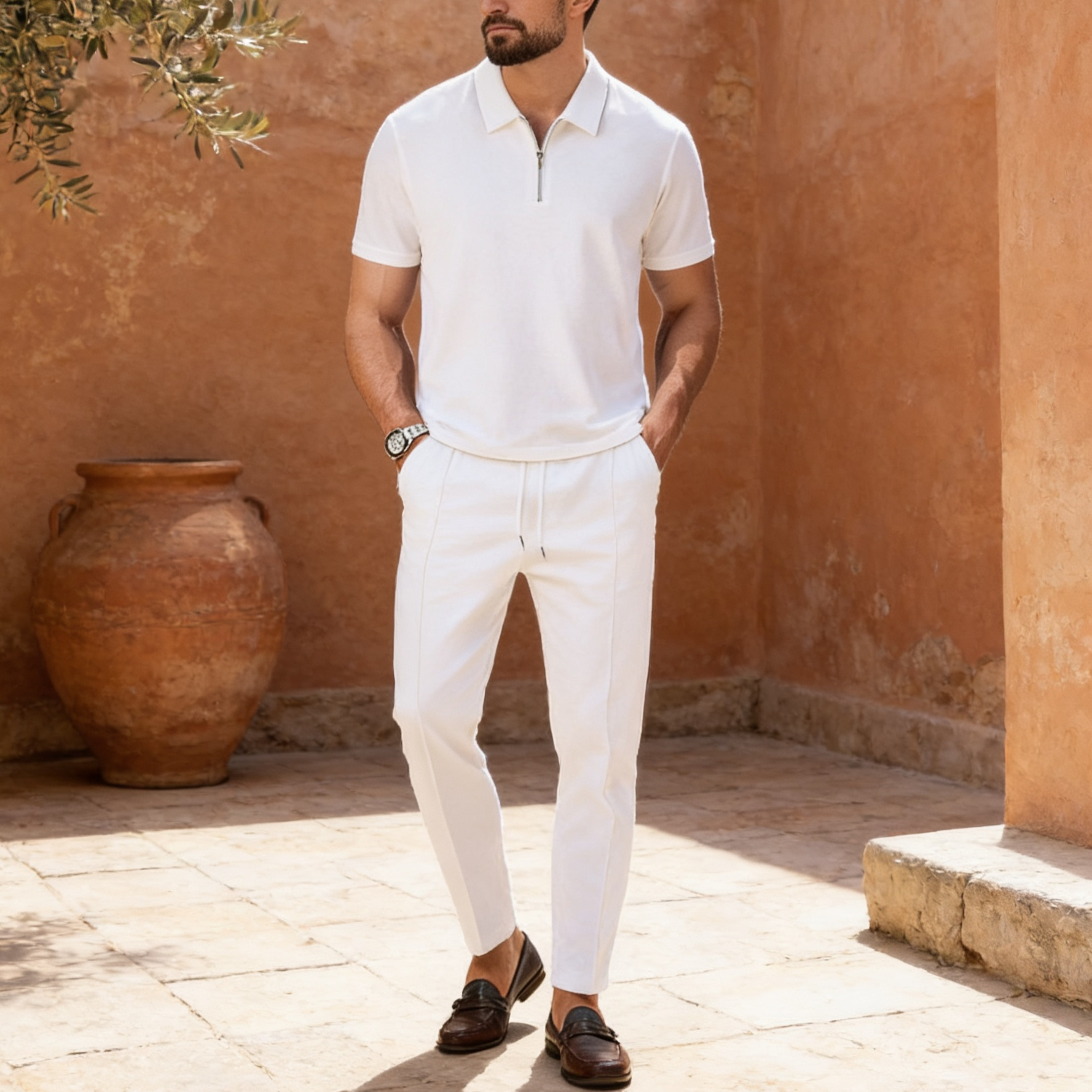 Men's Cotton Blend Polo & Trouser Set