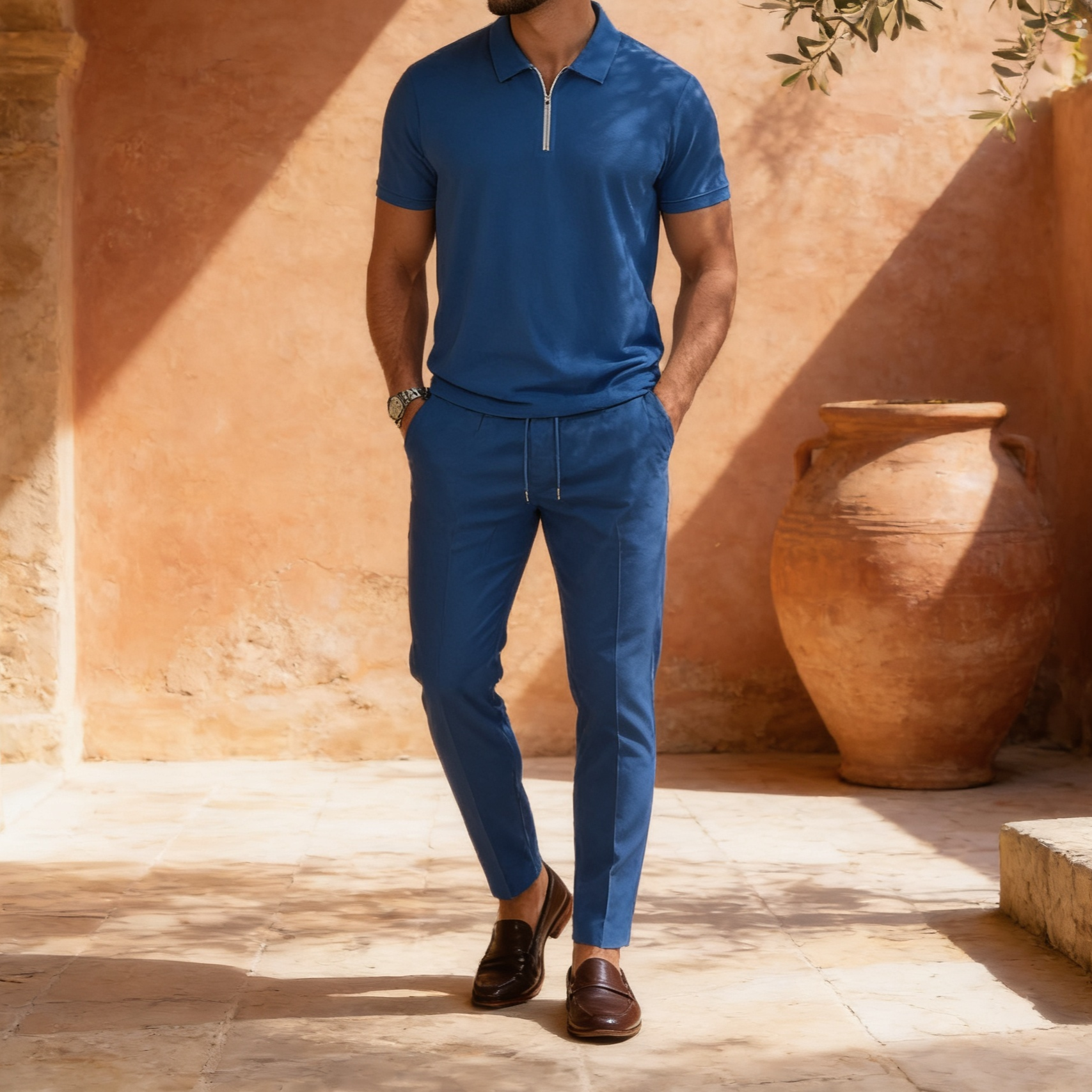 Men's Cotton Blend Polo & Trouser Set