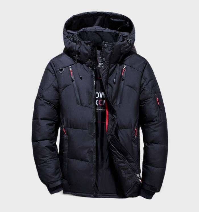 Men's Duck Down Hooded Jacket - Warm Winter Coat with Pockets