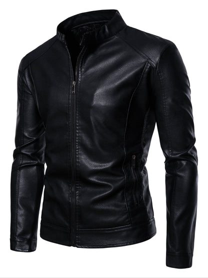 Men's Faux Leather Fleece Jacket with Pockets
