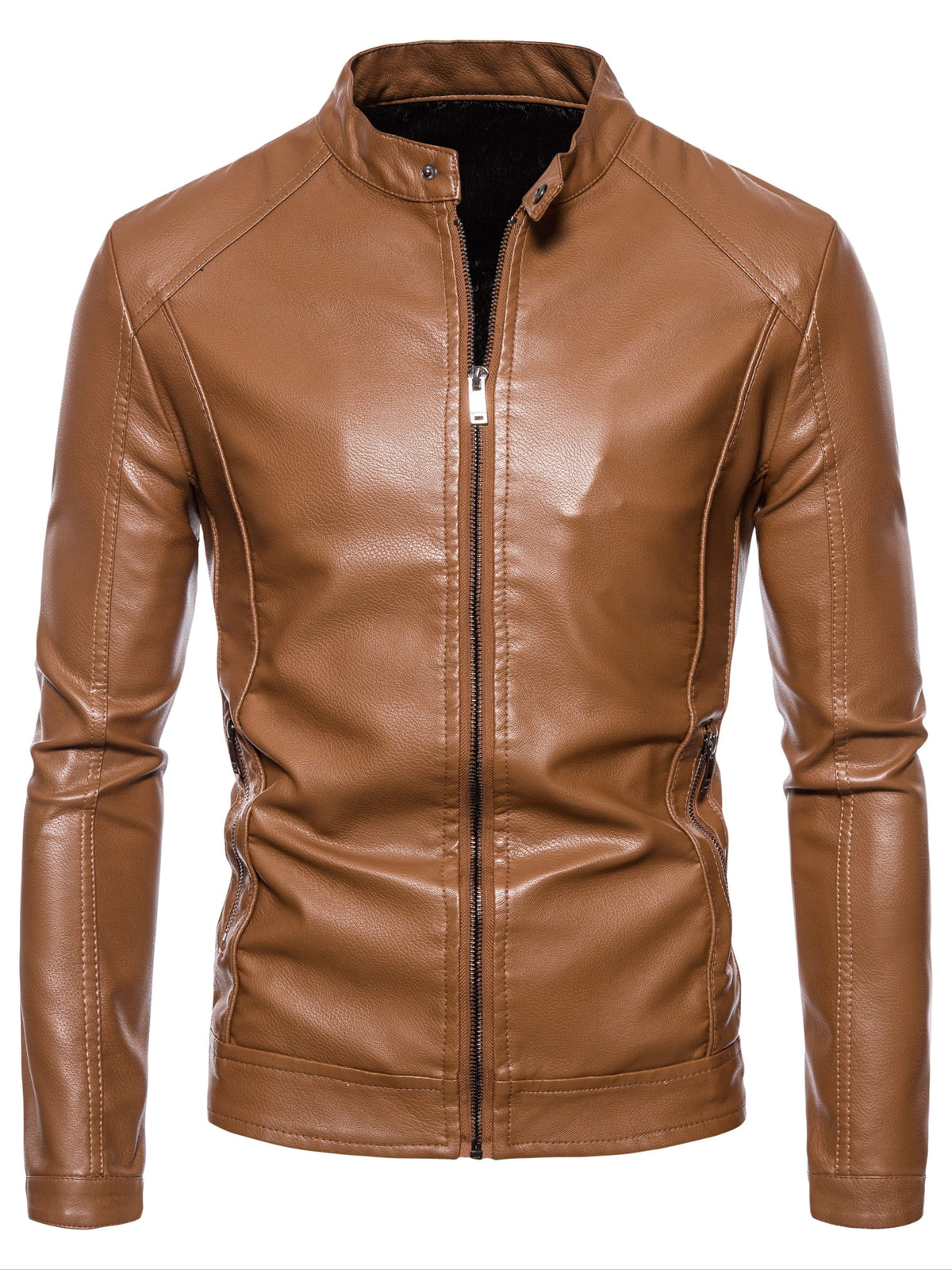 Men's Faux Leather Fleece Jacket with Pockets