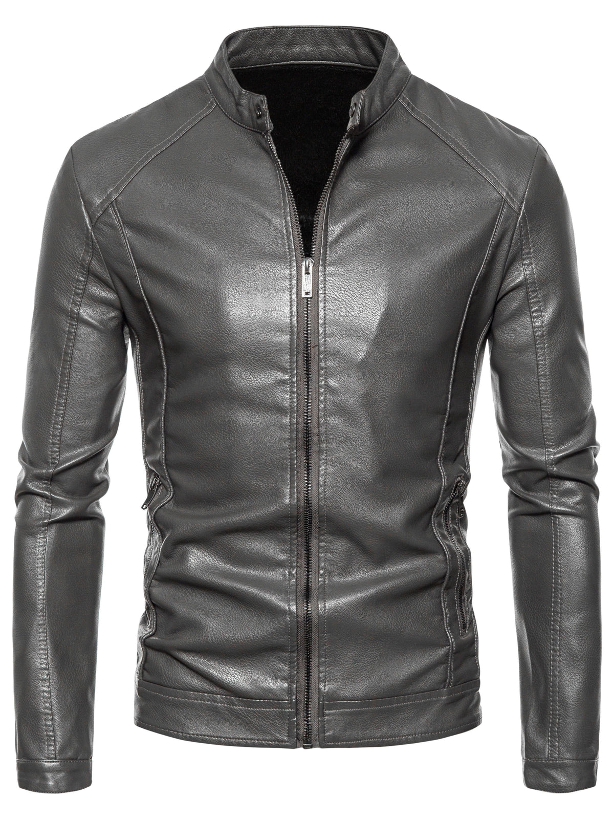 Men's Faux Leather Fleece Jacket with Pockets