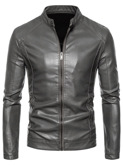 Men's Faux Leather Fleece Jacket with Pockets