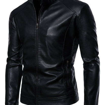 Men's Faux Leather Fleece Jacket with Pockets