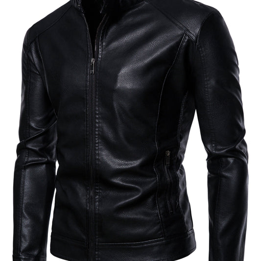 Men's Faux Leather Fleece Jacket with Pockets
