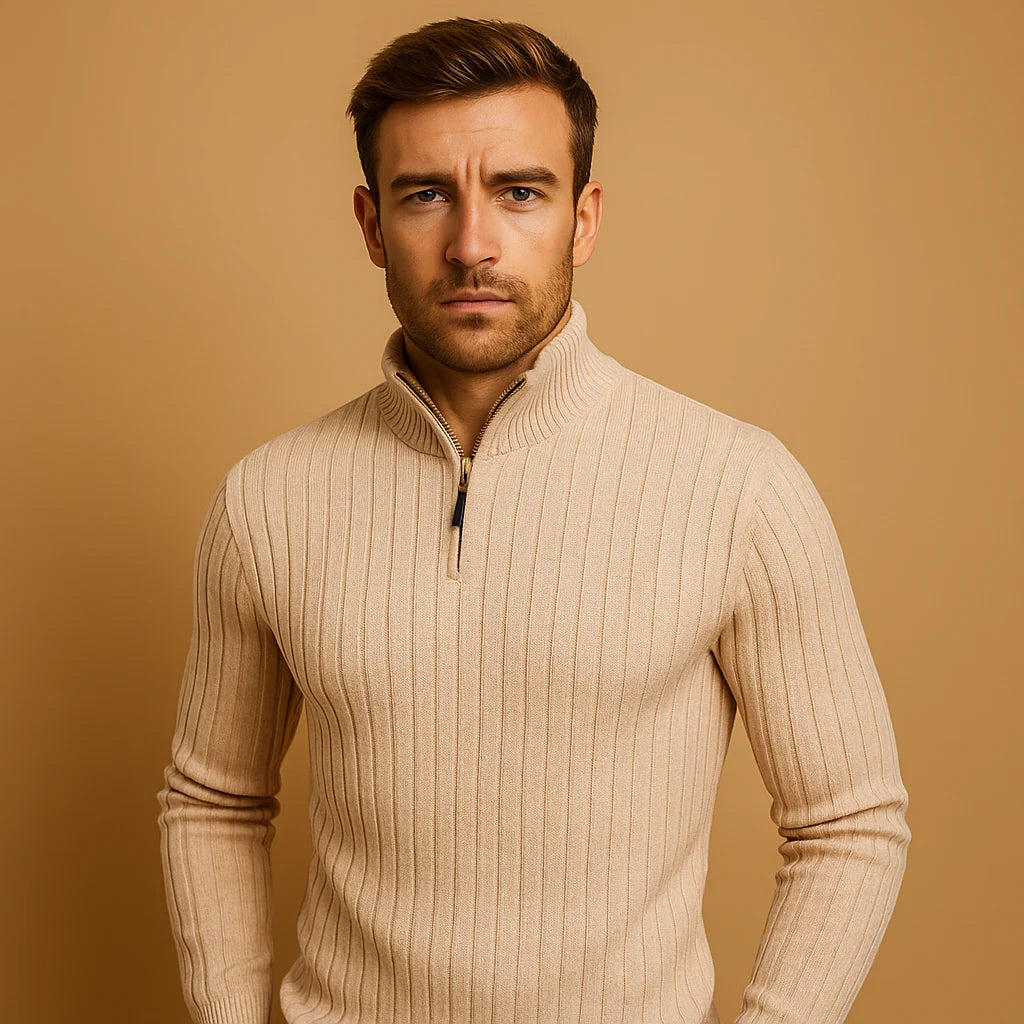 Men's Half Zip Sweater with Ribbed Sleeves