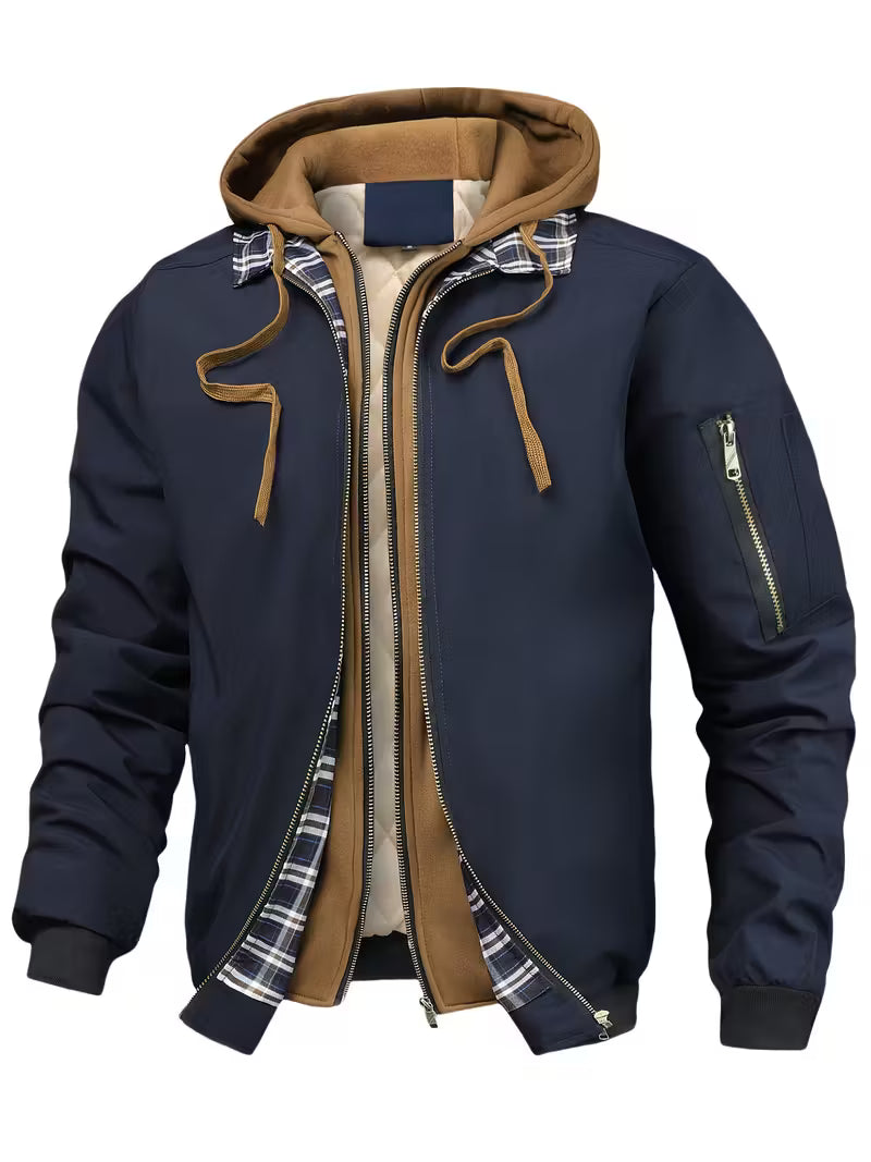 Men's Hooded Checked Winter Jacket with Quilted Lining