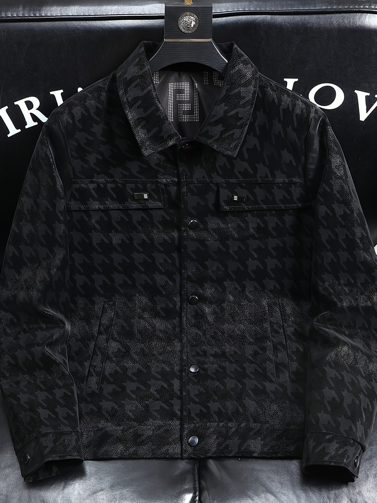 Men's Houndstooth Pattern Jacket with Fleece Lining