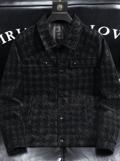 Men's Houndstooth Pattern Jacket with Fleece Lining