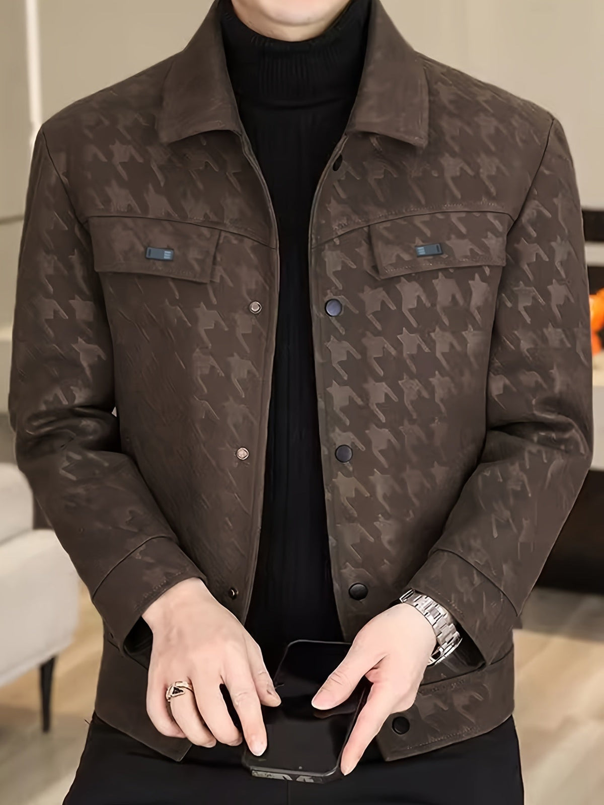 Men's Houndstooth Pattern Jacket with Fleece Lining