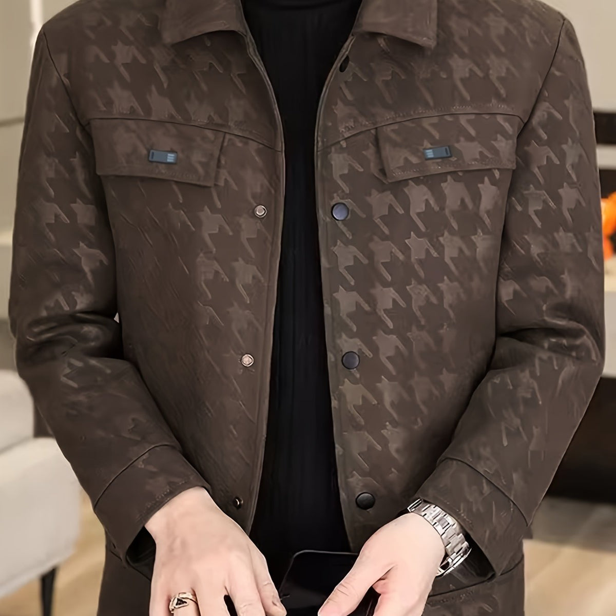 Men's Houndstooth Pattern Jacket with Fleece Lining