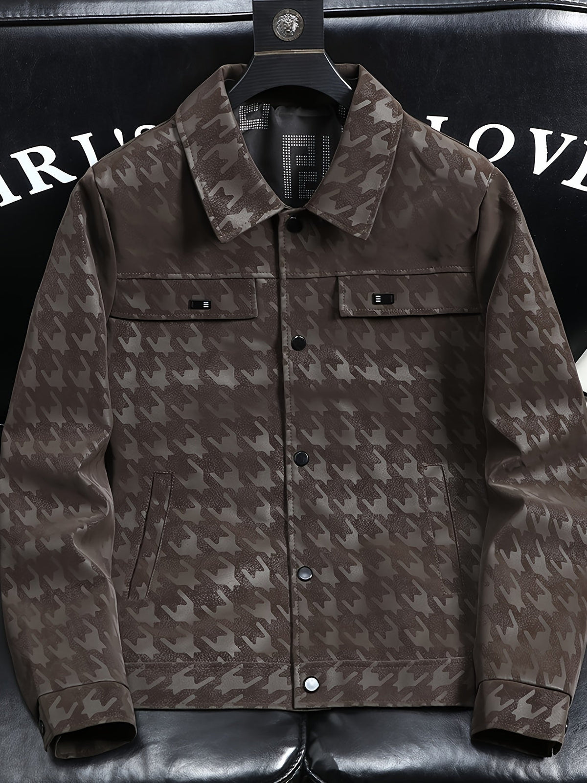 Men's Houndstooth Pattern Jacket with Fleece Lining