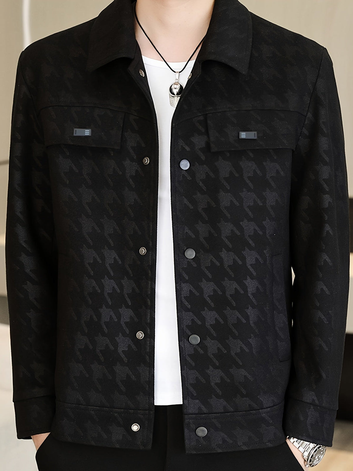 Men's Houndstooth Pattern Jacket with Fleece Lining