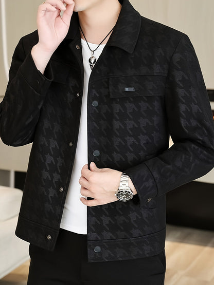 Men's Houndstooth Pattern Jacket with Fleece Lining