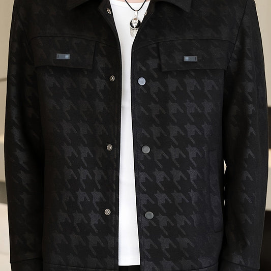 Men's Houndstooth Pattern Jacket with Fleece Lining