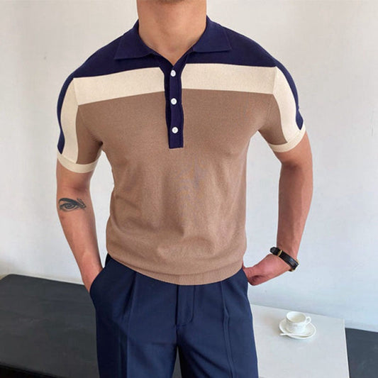 Men's Knit Polo Shirt with Modern Color Block Design