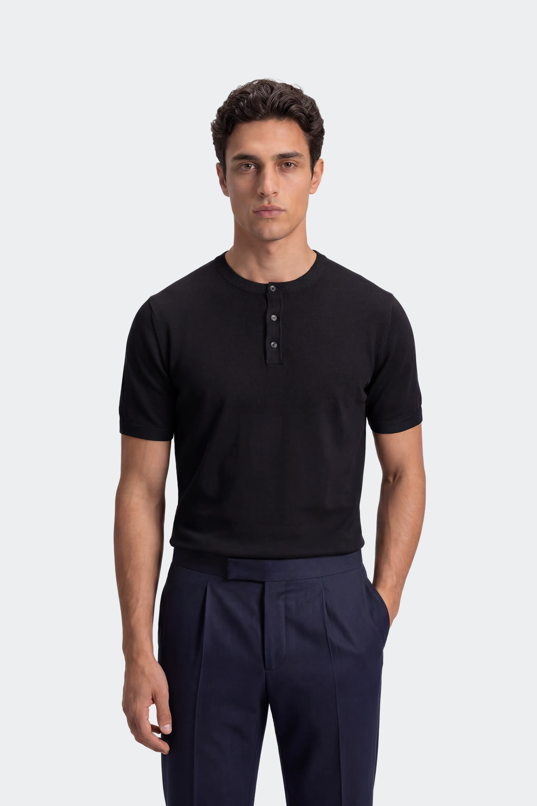 Men's Knitted Henley Short Sleeve T-Shirt