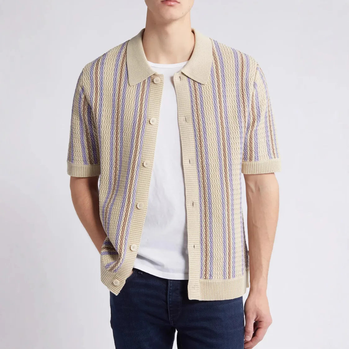 Men's Knitted Shirt with Vintage Vertical Stripes