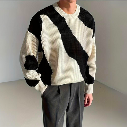 Men's Knitted Sweater with Color Block and Wave Pattern