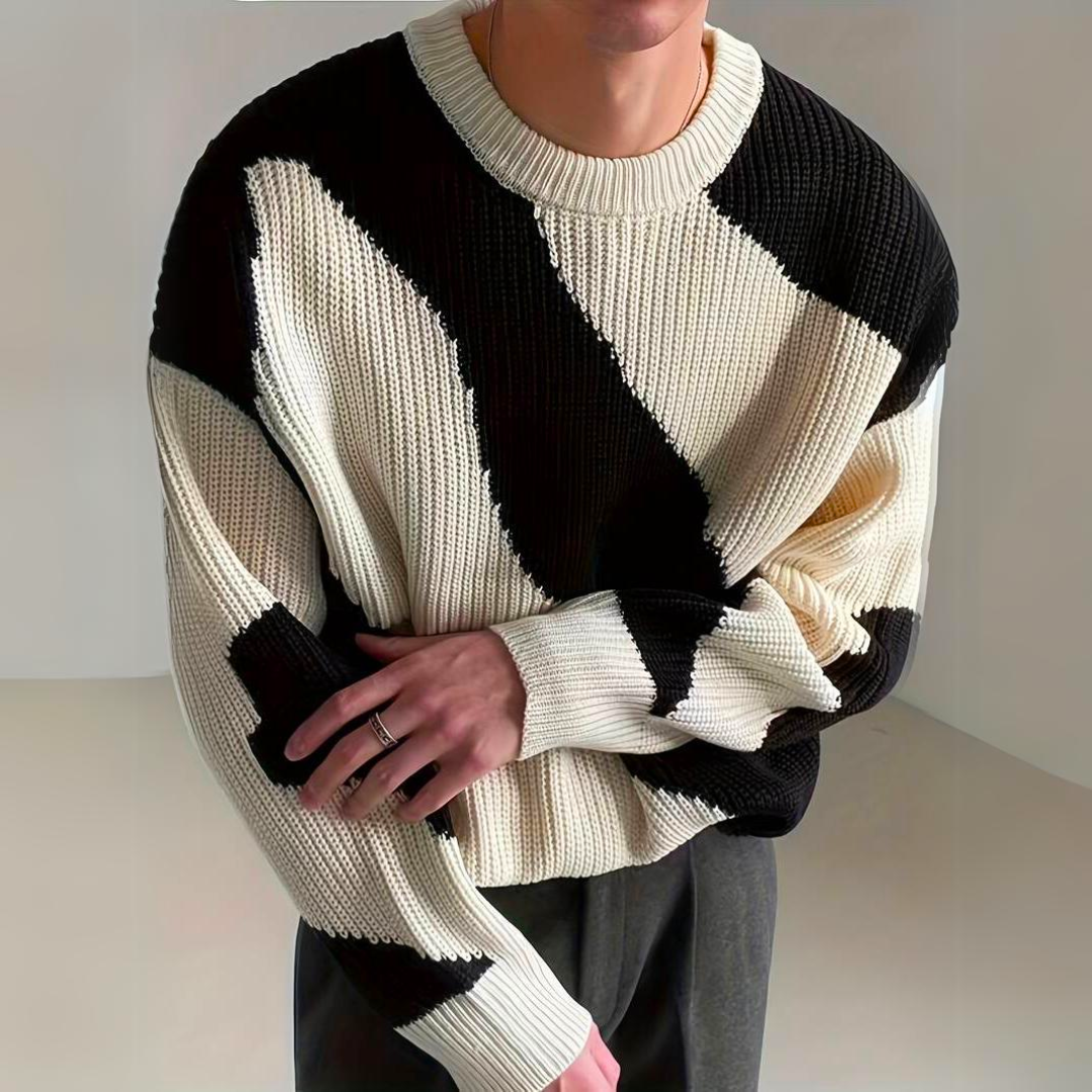 Men's Knitted Sweater with Color Block and Wave Pattern
