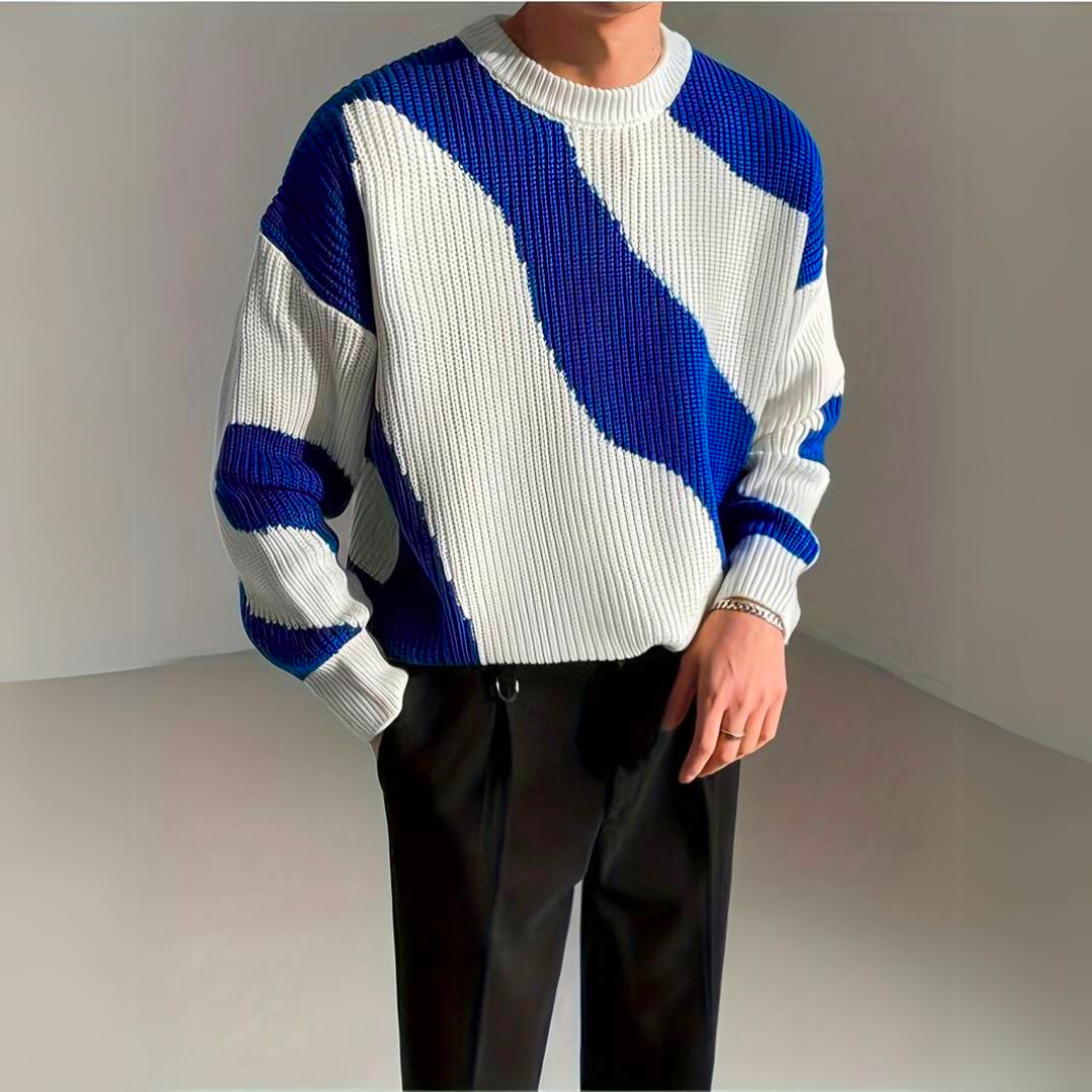 Men's Knitted Sweater with Color Block and Wave Pattern