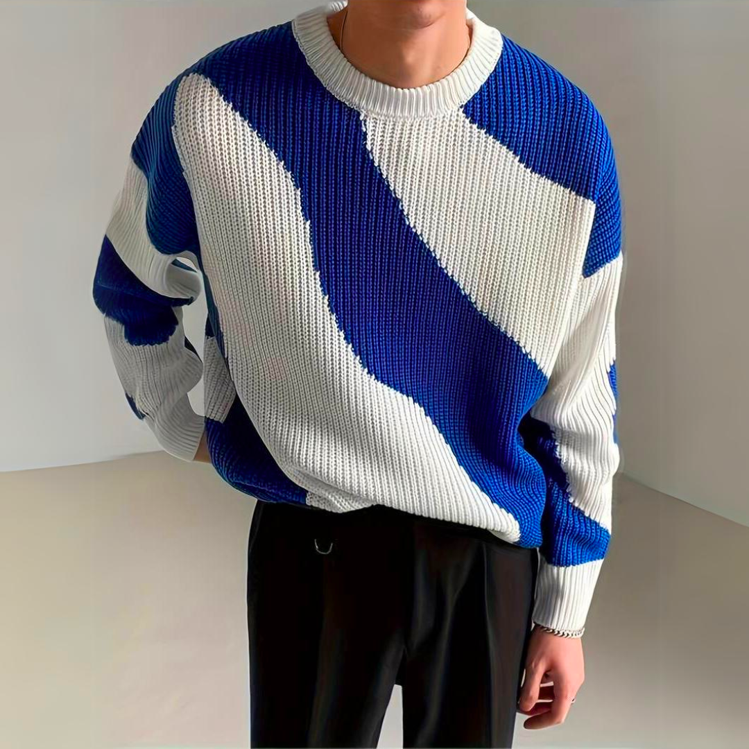Men's Knitted Sweater with Color Block and Wave Pattern