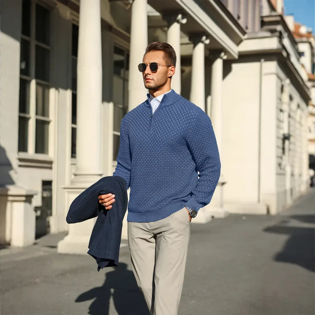 Men's Knitted Sweater with Zip Collar and Honeycomb Pattern