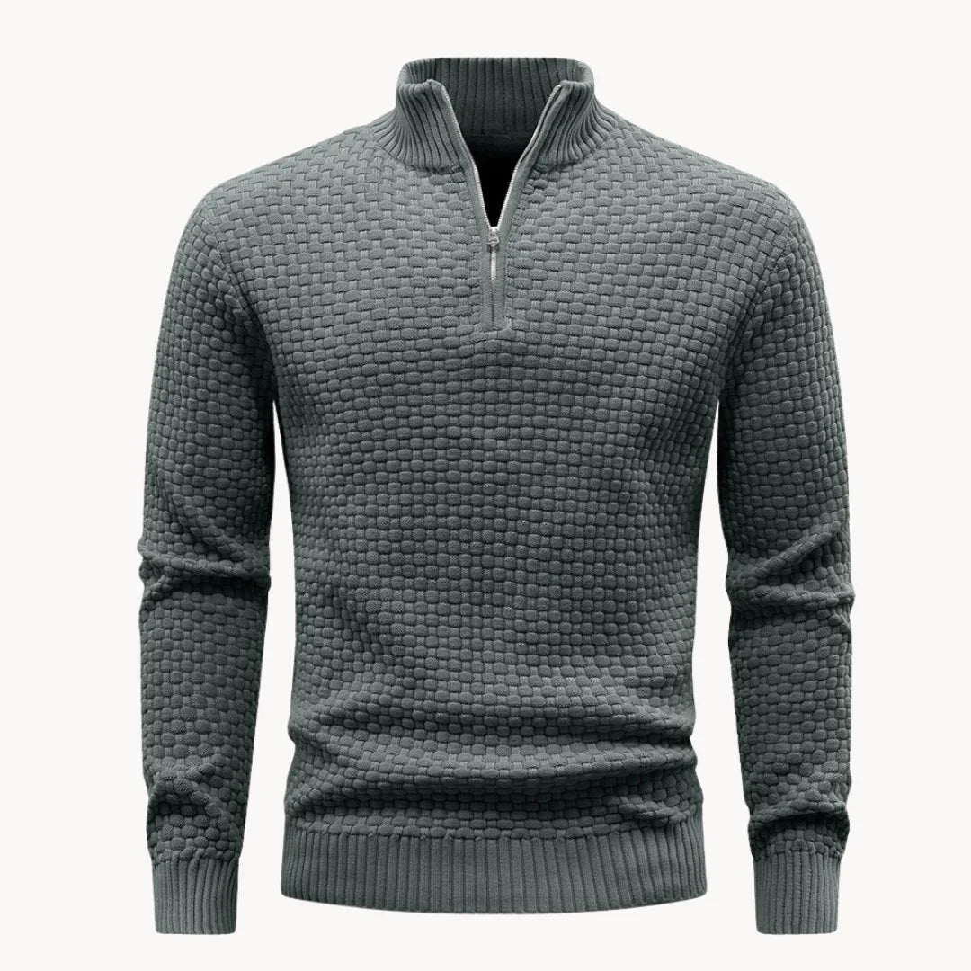 Men's Knitted Sweater with Zip Collar and Honeycomb Pattern