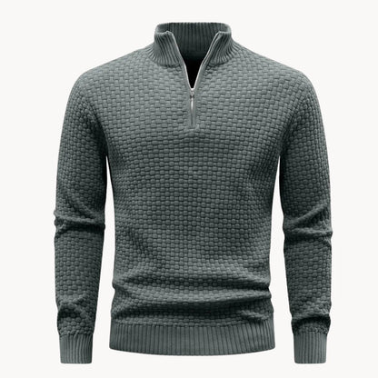 Men's Knitted Sweater with Zip Collar and Honeycomb Pattern