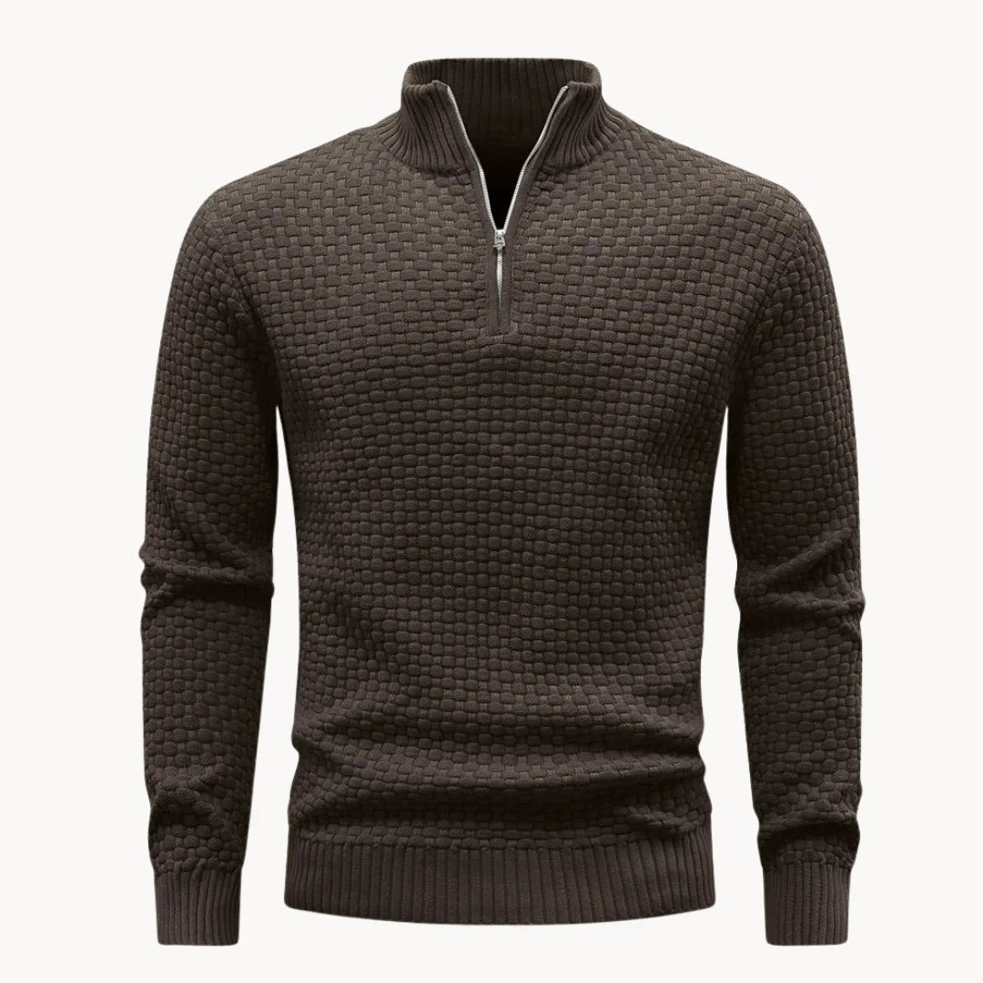 Men's Knitted Sweater with Zip Collar and Honeycomb Pattern