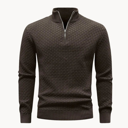 Men's Knitted Sweater with Zip Collar and Honeycomb Pattern