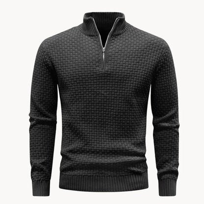 Men's Knitted Sweater with Zip Collar and Honeycomb Pattern