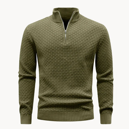Men's Knitted Sweater with Zip Collar and Honeycomb Pattern