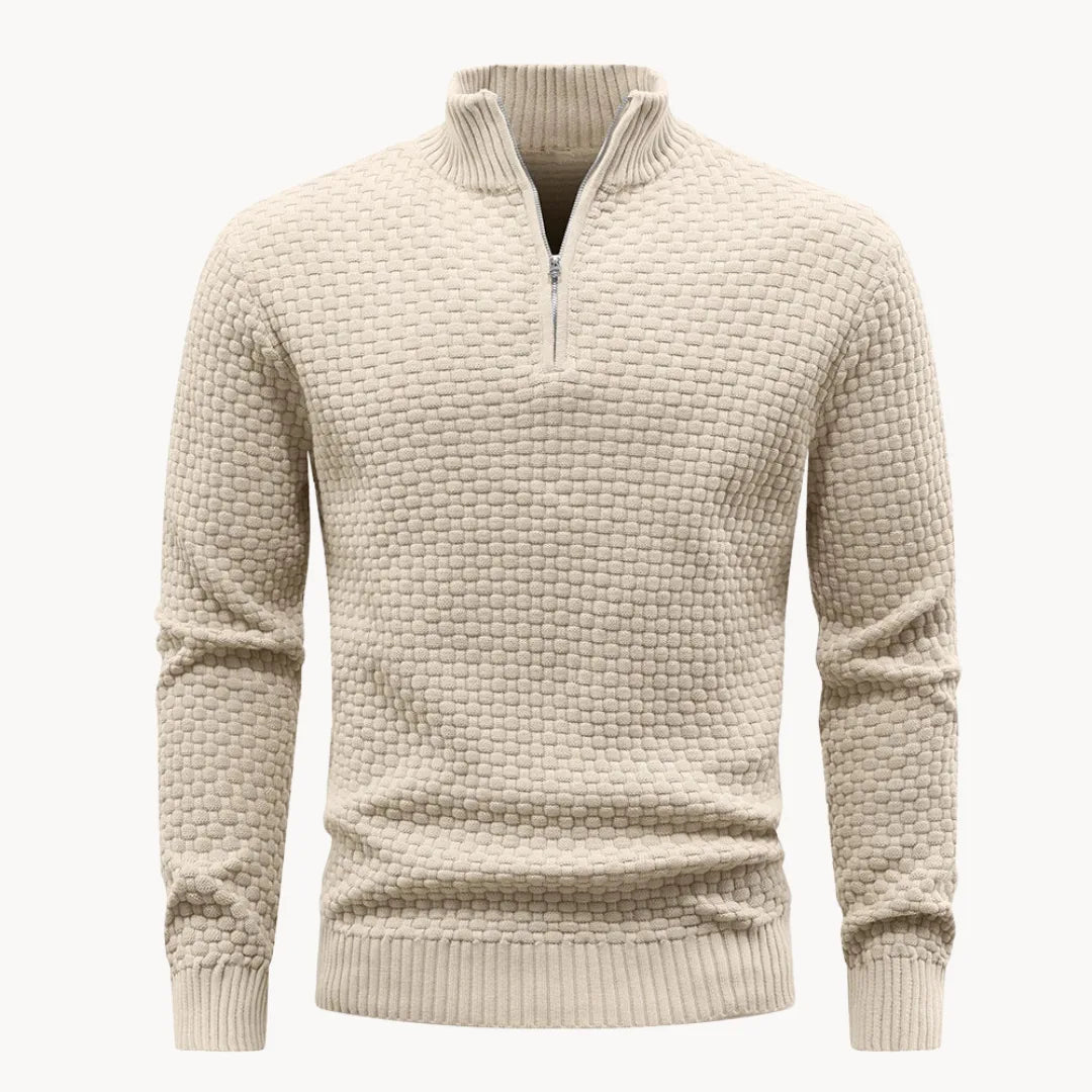 Men's Knitted Sweater with Zip Collar and Honeycomb Pattern