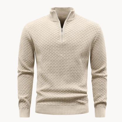 Men's Knitted Sweater with Zip Collar and Honeycomb Pattern