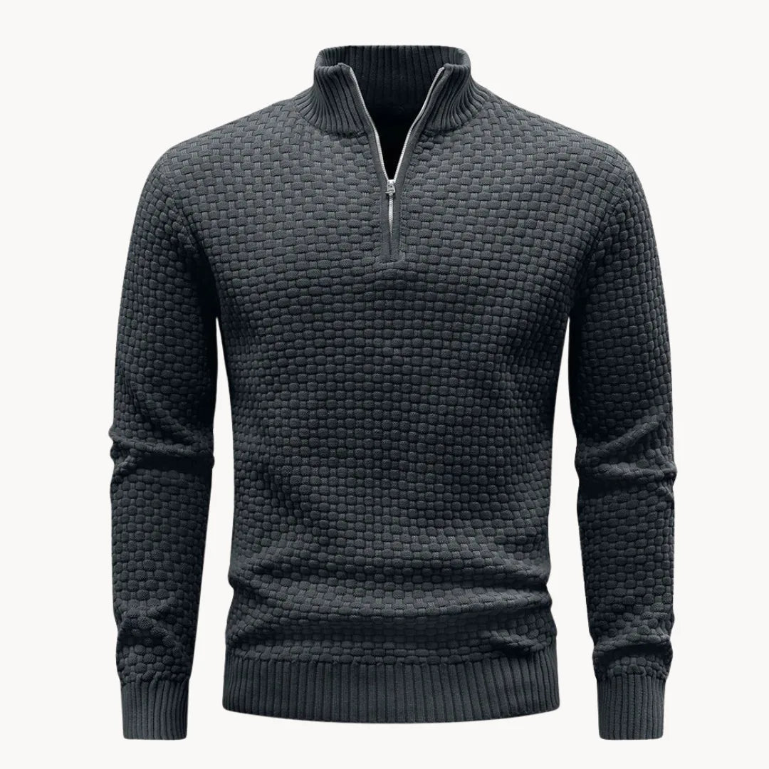 Men's Knitted Sweater with Zip Collar and Honeycomb Pattern