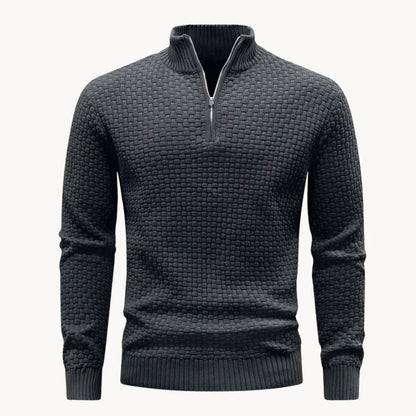 Men's Knitted Sweater with Zip Collar and Honeycomb Pattern
