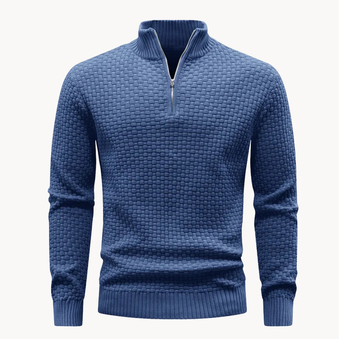 Men's Knitted Sweater with Zip Collar and Honeycomb Pattern