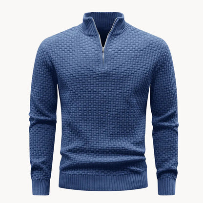 Men's Knitted Sweater with Zip Collar and Honeycomb Pattern