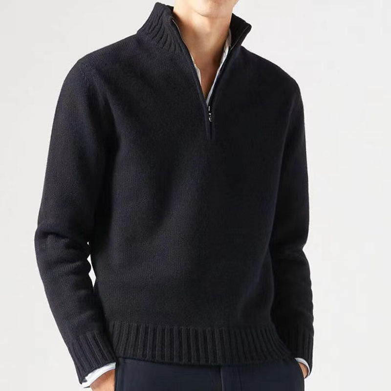 Men's Knitted Sweater with Zipper and Thick Collar