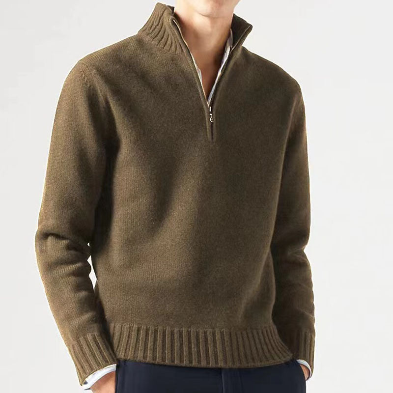 Men's Knitted Sweater with Zipper and Thick Collar