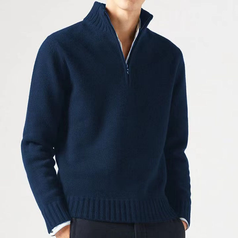 Men's Knitted Sweater with Zipper and Thick Collar