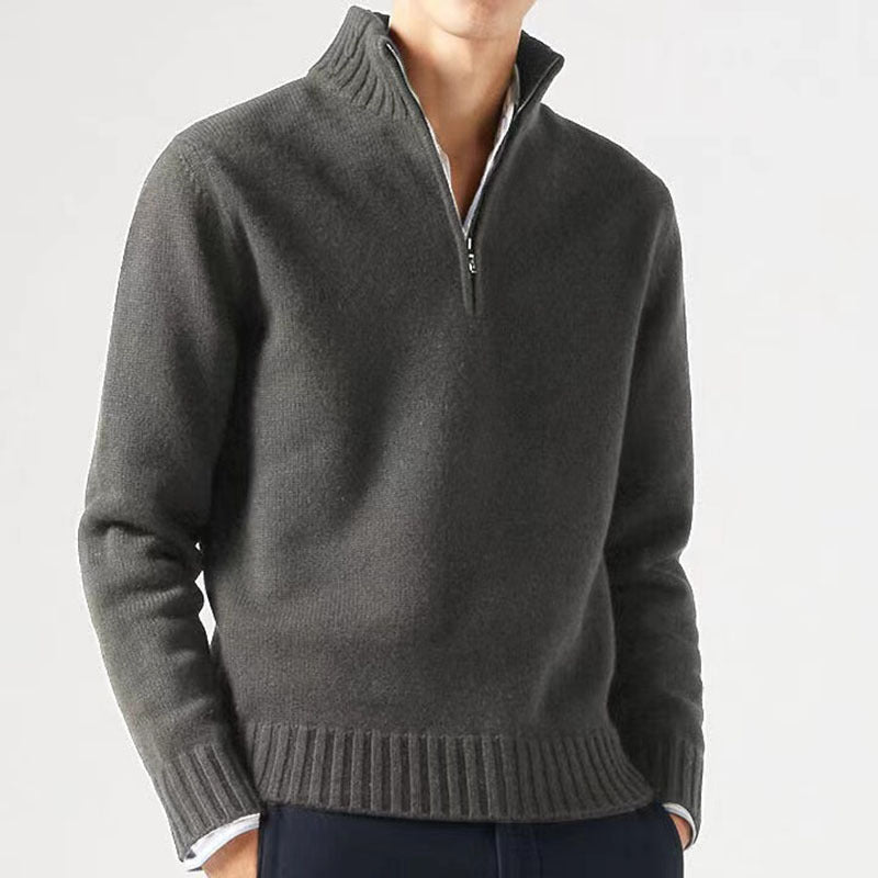 Men's Knitted Sweater with Zipper and Thick Collar