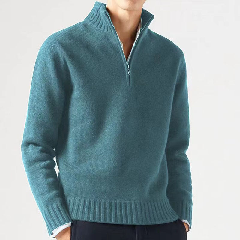 Men's Knitted Sweater with Zipper and Thick Collar