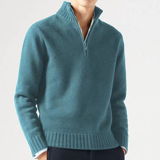 Men's Knitted Sweater with Zipper and Thick Collar
