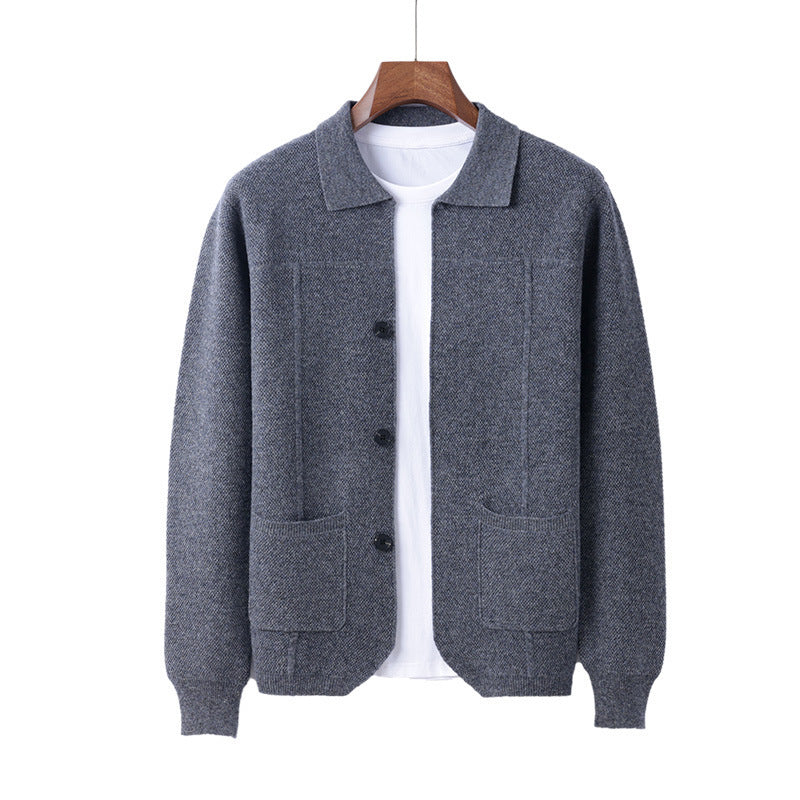 Men's Lapel Cardigan with Pockets for Casual and Business Wear