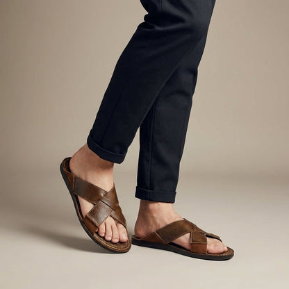 Men's Leather Cross-Strap Slide Sandals
